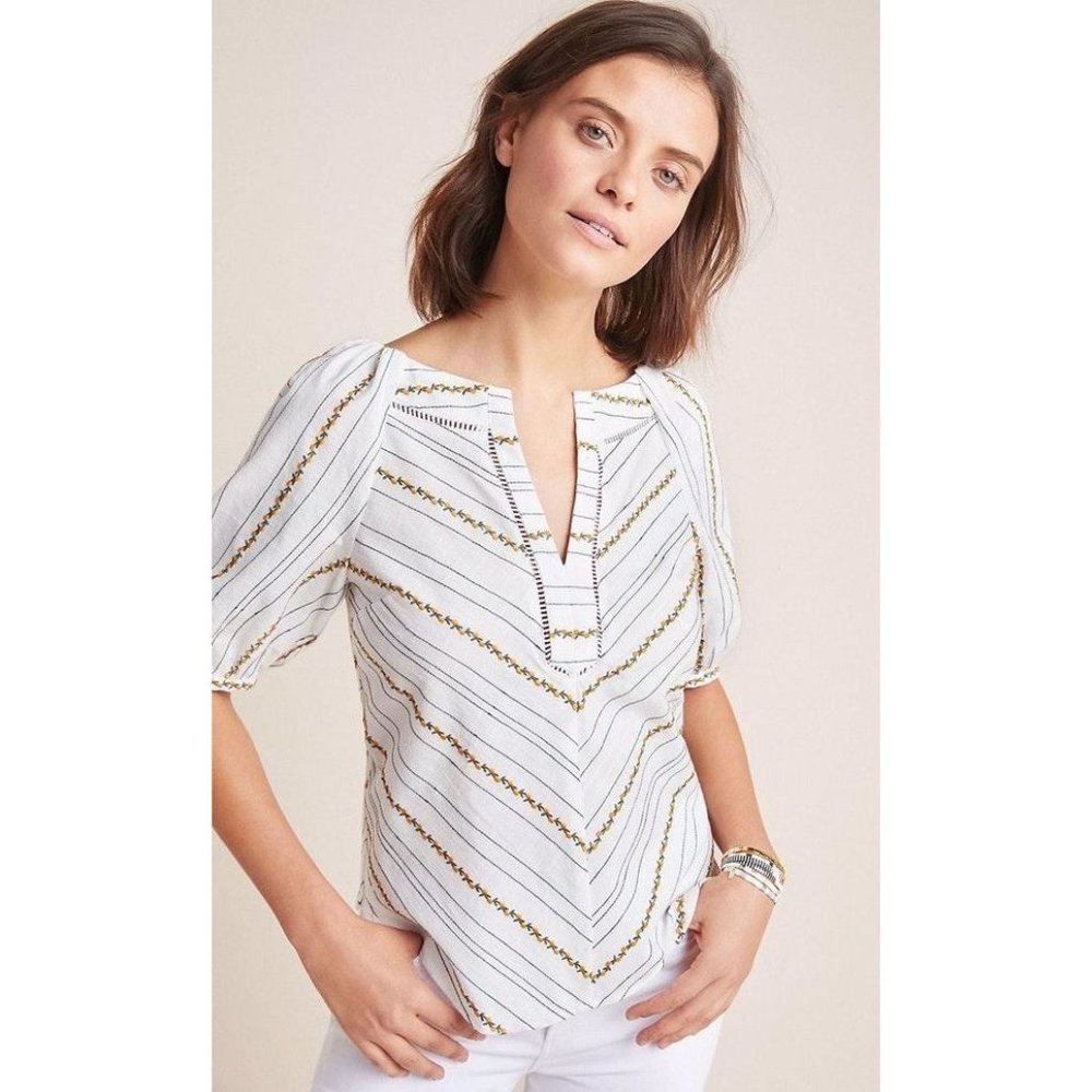 Anthropologie Maeve Fruit Embroidered Blouse Puff Sleeve White Orange Size 2